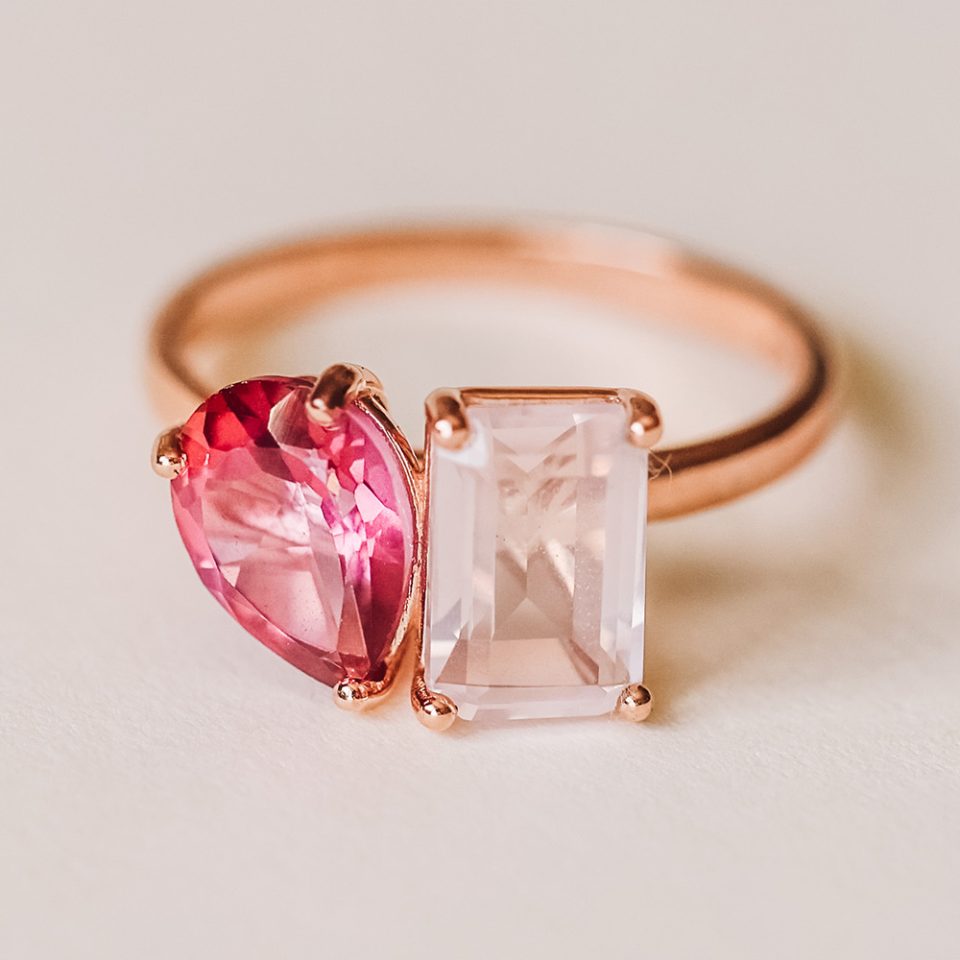 Toi et Moi Ring with Rose Quartz and Pink Topaz in 14kt Rose Gold