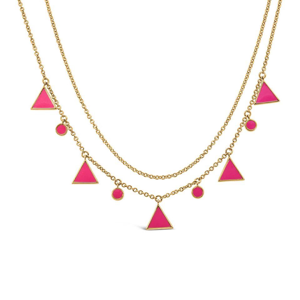 15"+2" 1990s Barbie Totally Triangle Necklace with Pink Enamel in Gold Vermeil Plated Sterling Silver