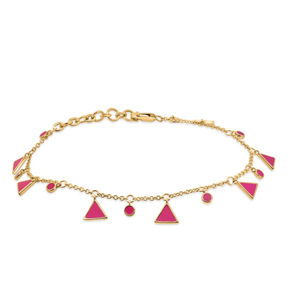 6"+1.5" 1990s Barbie Totally Triangle Bracelet with Pink Enamel in Gold Vermeil Plated Sterling Silver