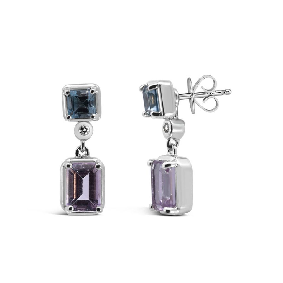 1980s Barbie Crystal Dream Earrings with Pink Amethyst, Blue Topaz and White Topaz in Sterling Silver