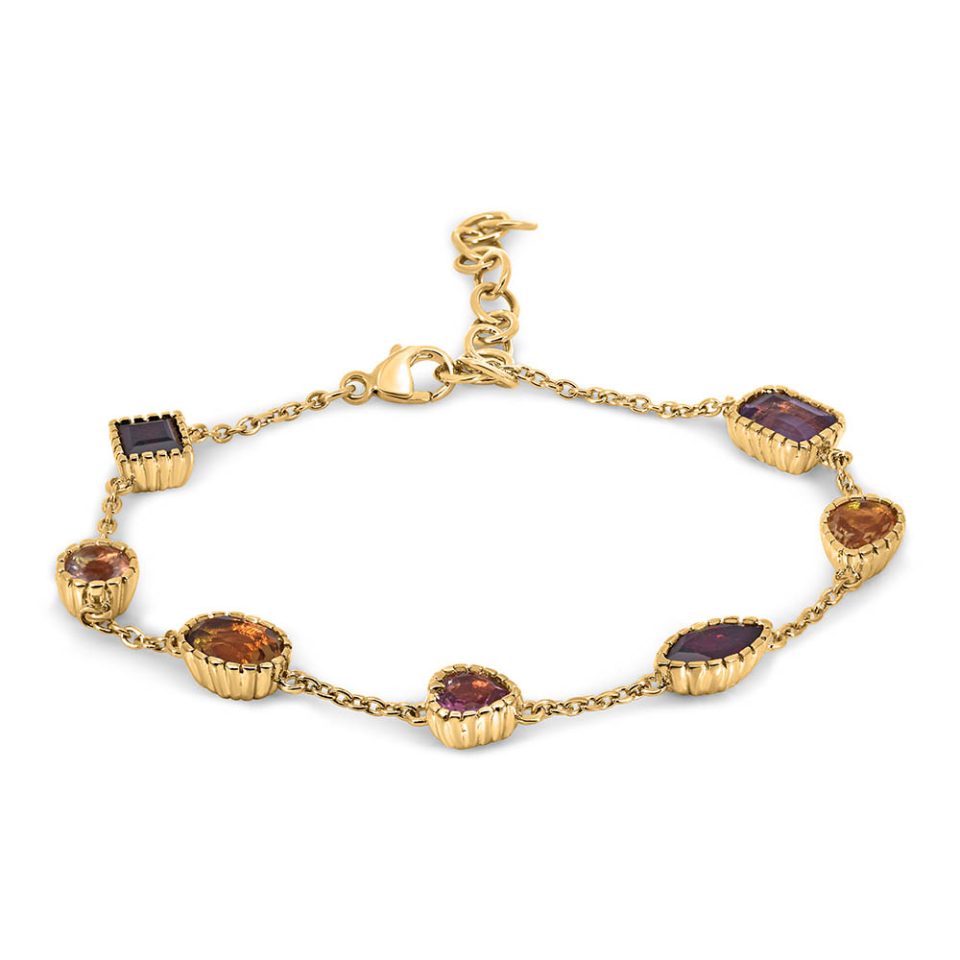 6"+1.5" 1960s Barbie Retro Gem Bracelet with Rhodolite Garnet, Quartz, Citrine, Garnet, Amethyst and Pink Topaz in Gold Vermeil Plated Sterling Silver