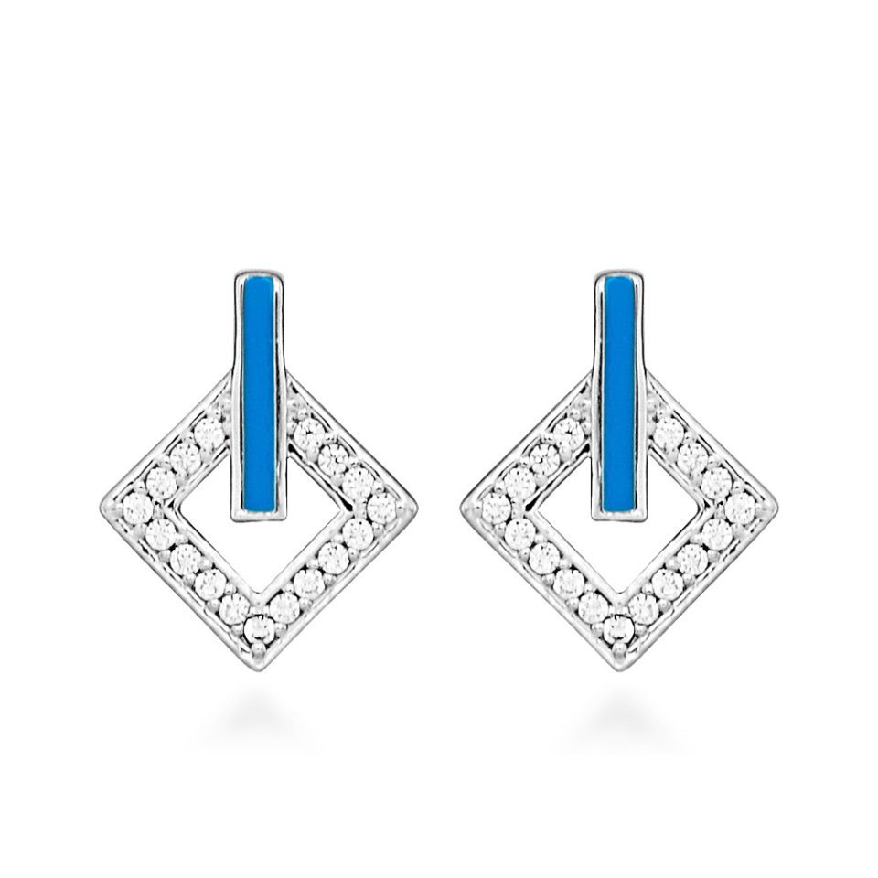 Earrings with Cubic Zirconia and Teal Enamel in Sterling Silver