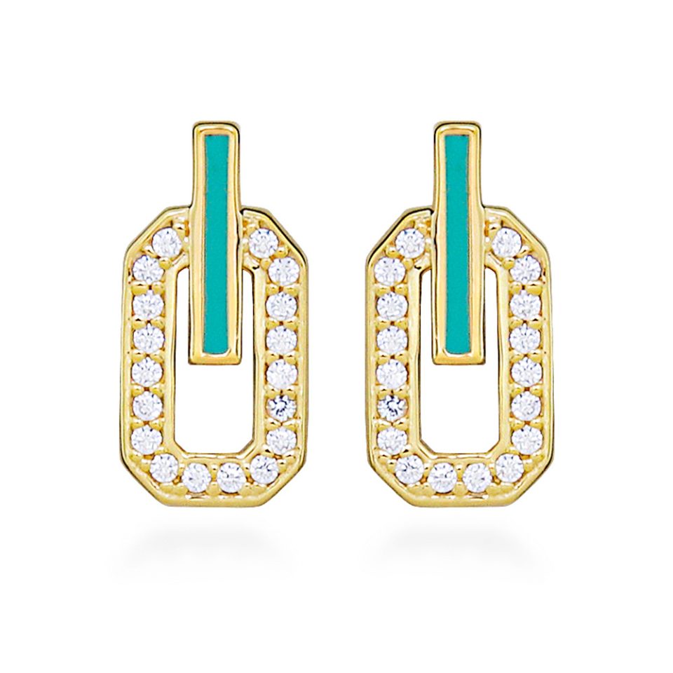 Earrings with Cubic Zirconia and Green Enamel in Gold Plated Sterling Silver