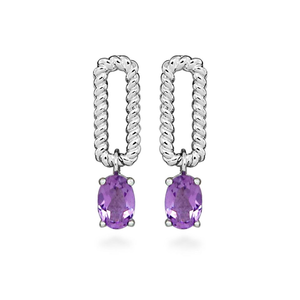 Drop Earrings with Oval Amethyst in Sterling Silver