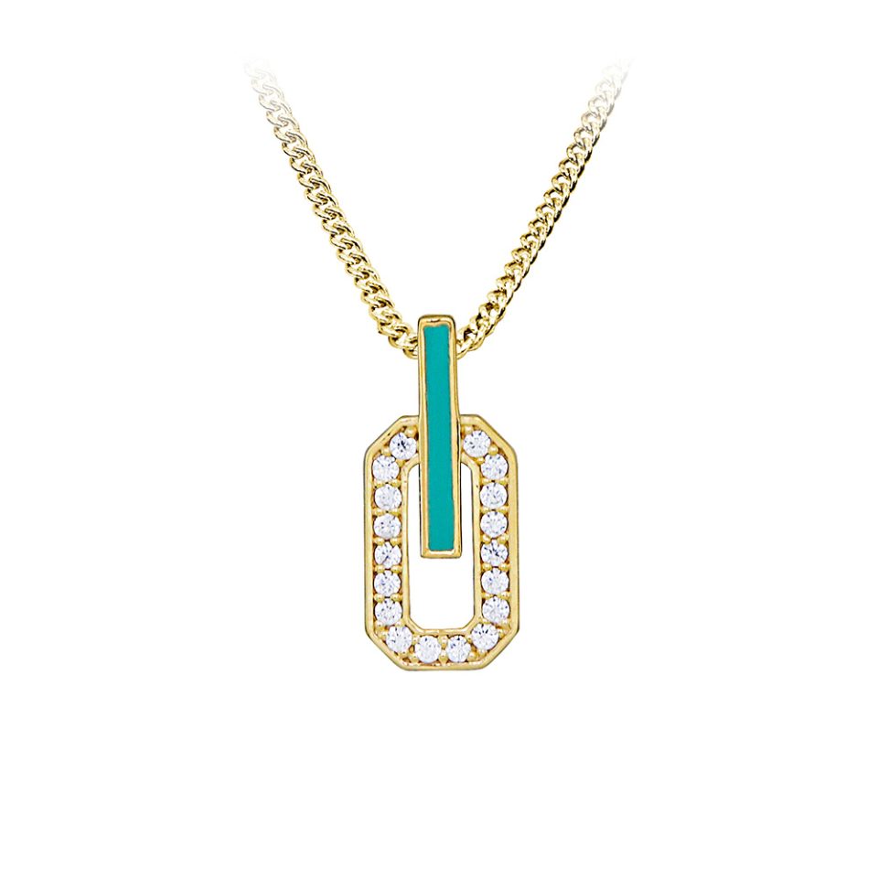 Pendant with Cubic Zirconia and Green Enamel in Gold Plated Sterling Silver with Chain