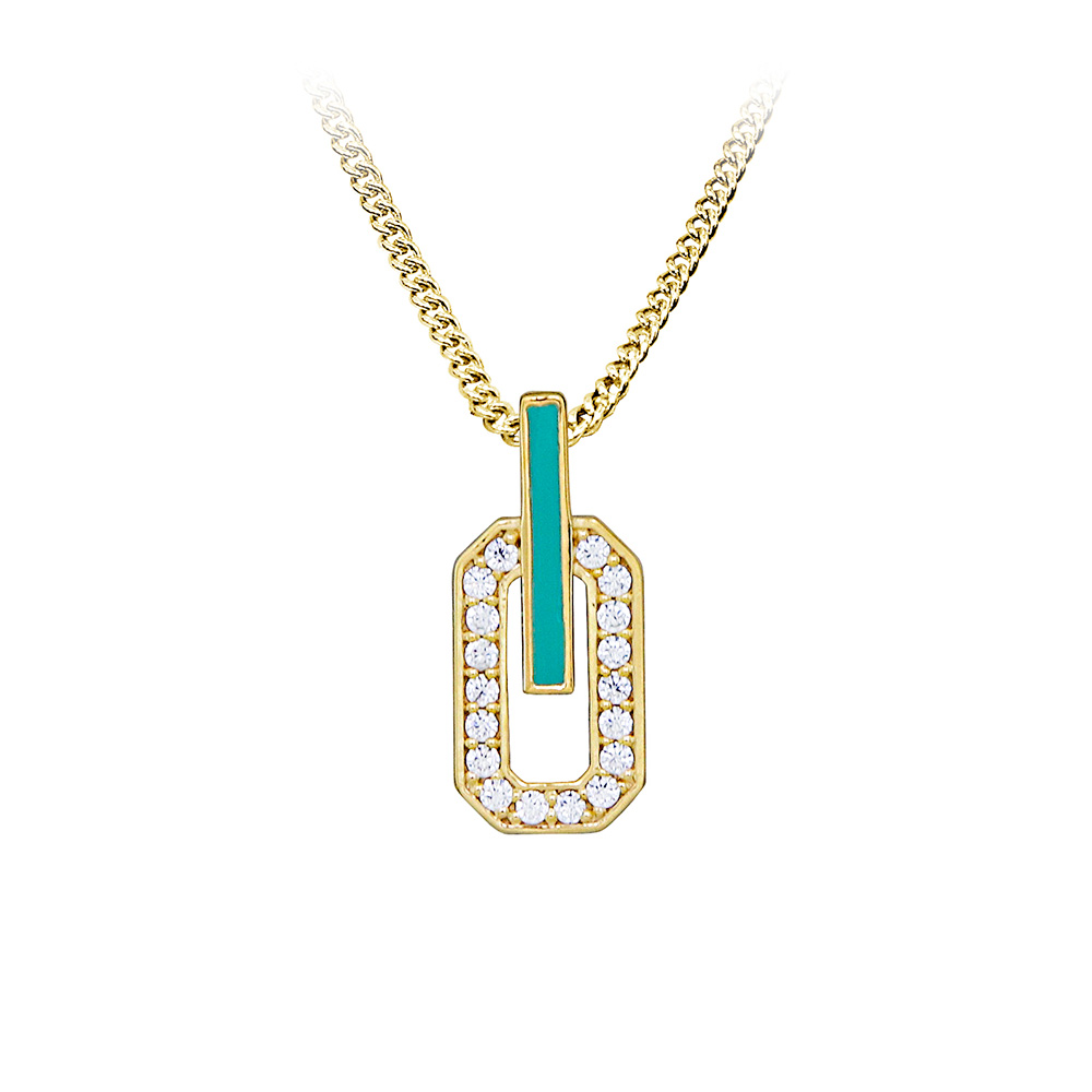 Pendant with Cubic Zirconia and Green Enamel Gold Plated Sterling Silver Chain