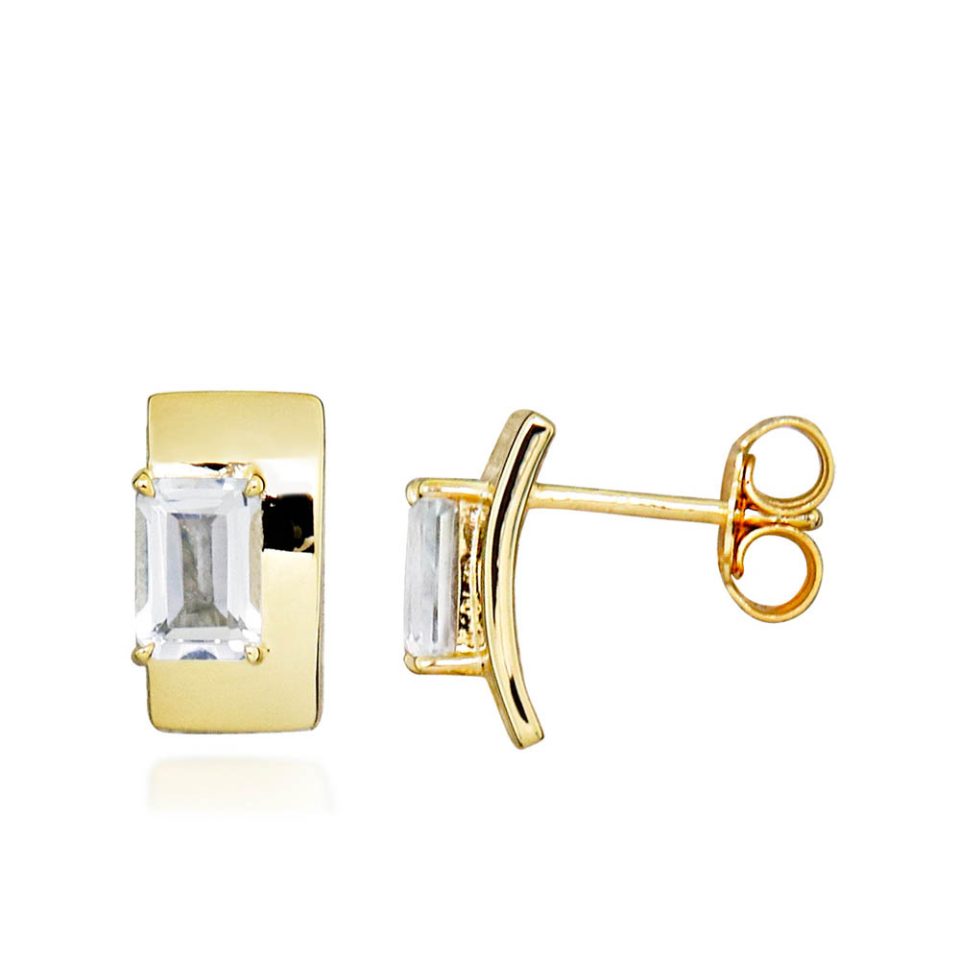 Stud Earrings with Emerald Cut White Topaz in Gold Plated Sterling Silver