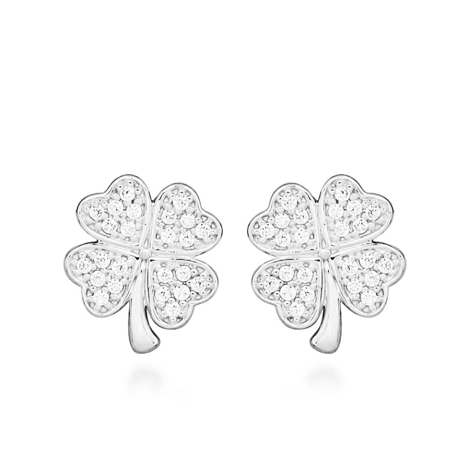 Four Leaf Clover Stud Earrings with Cubic Zirconia in Sterling Silver