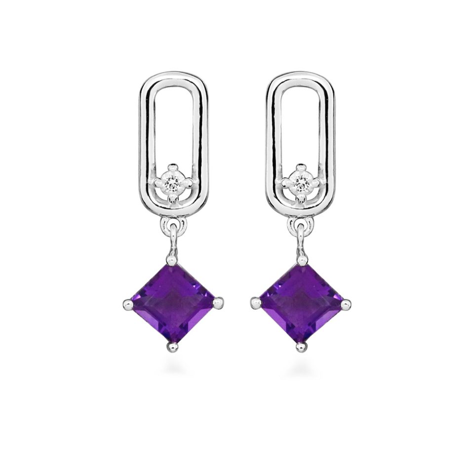 Drop Earrings with Princess Cut Amethyst in Sterling Silver