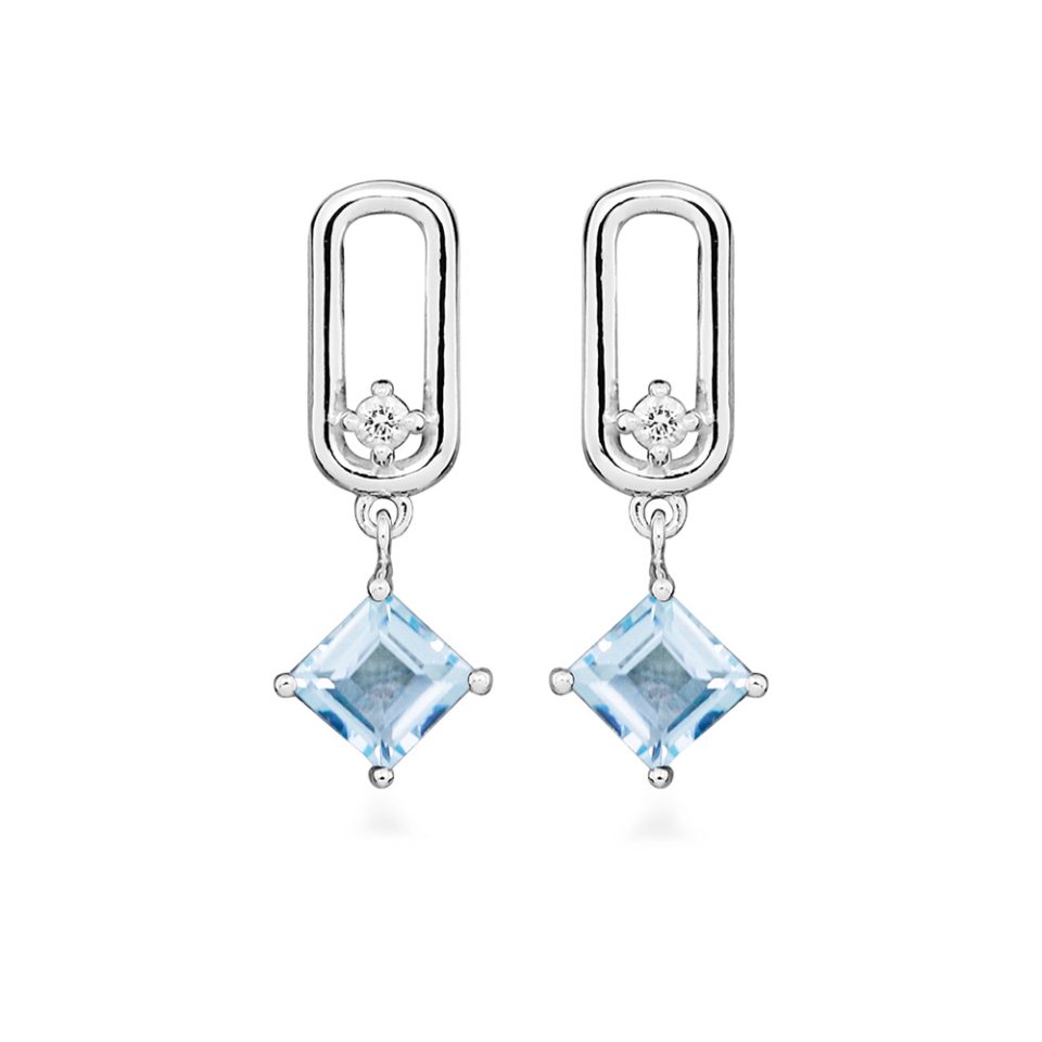 Drop Earrings with Princess Cut Blue Topaz in Sterling Silver