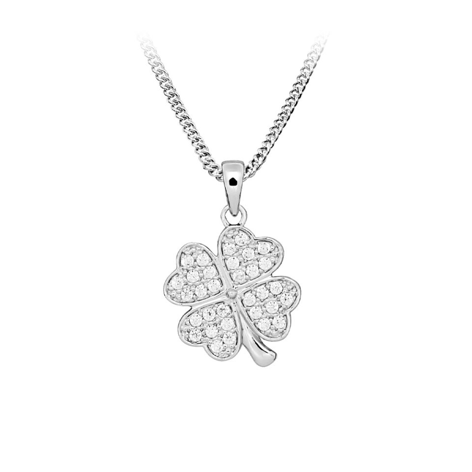 Four Leaf Clover Pendant with Cubic Zirconia in Sterling Silver with Chain