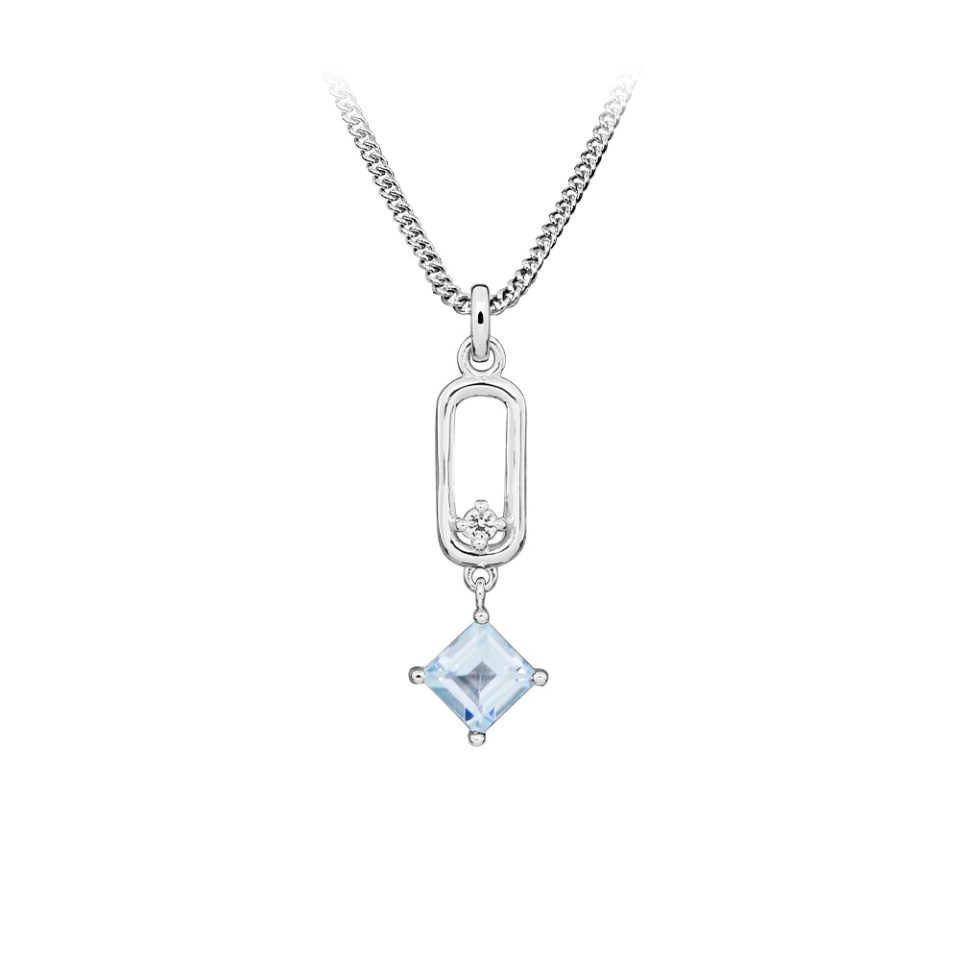 Pendant with Princess Cut Blue Topaz in Sterling Silver with Chain