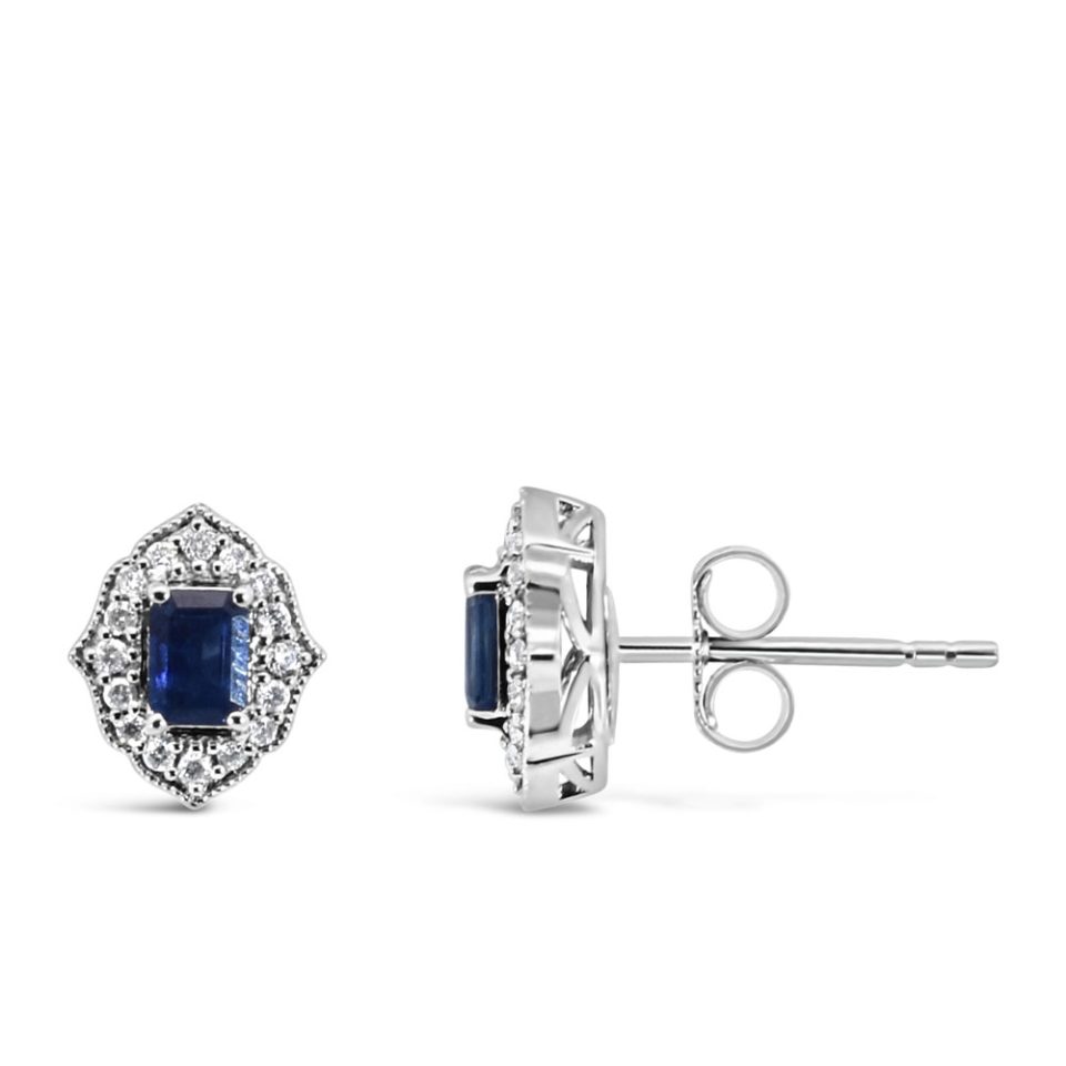 Elara Earrings with .14 Carat TW of Diamonds and Blue Sapphire in 10kt White Gold