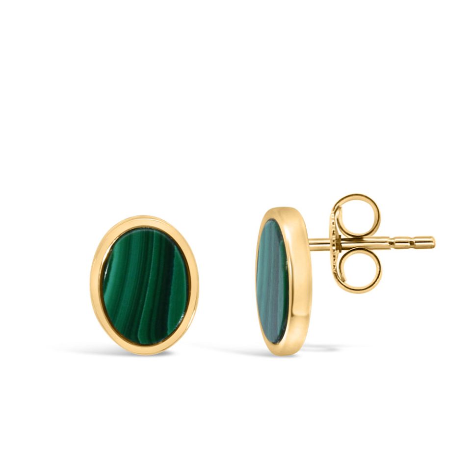 Oval Earrings with Malachite in Gold Plated Sterling Silver