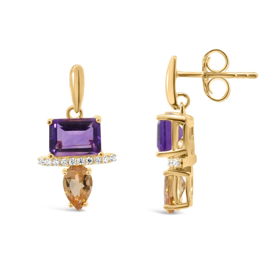 Earrings with Amethyst, Cubic Zirconia & Citrine in Gold Plated Sterling Silver