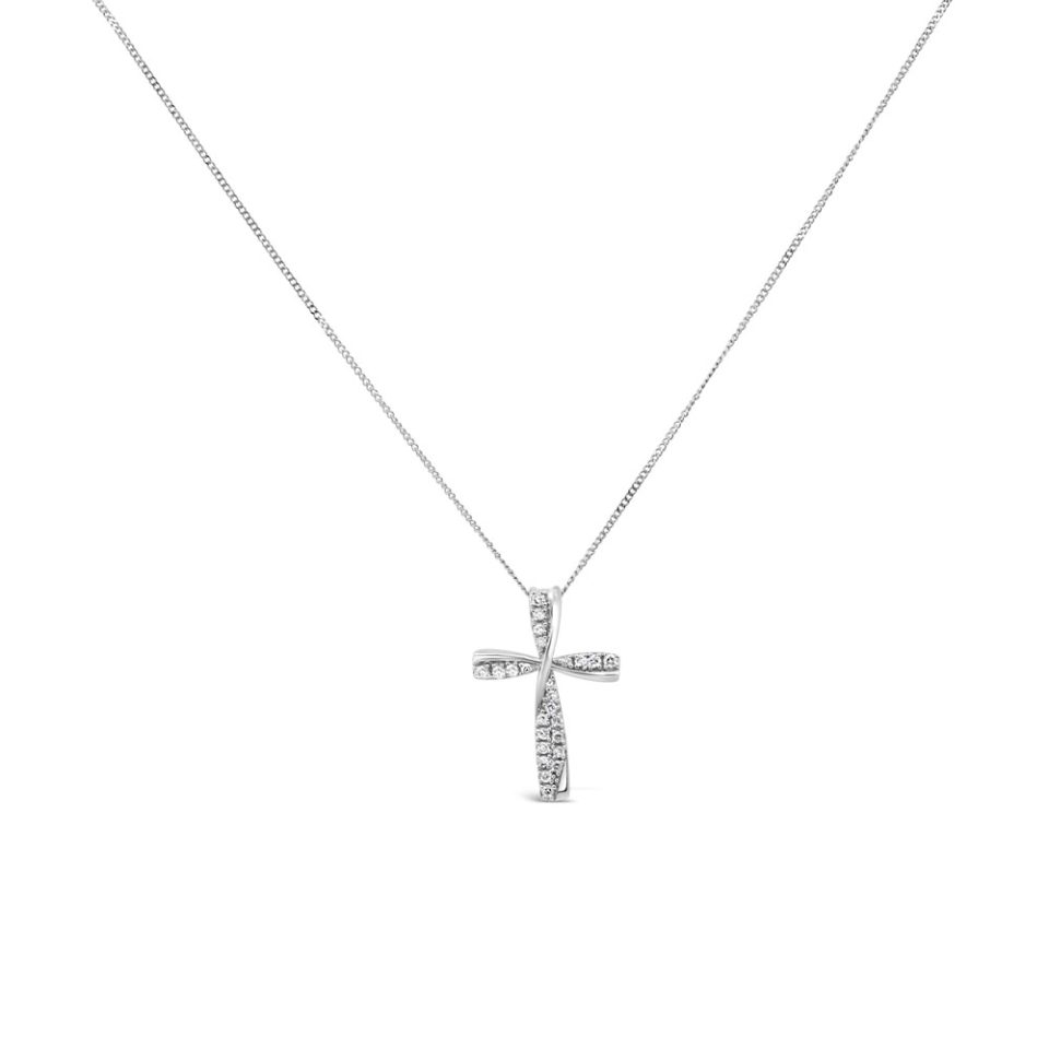 Cross Pendant with .13 Carat TW of Diamonds in 10kt White Gold with Chain