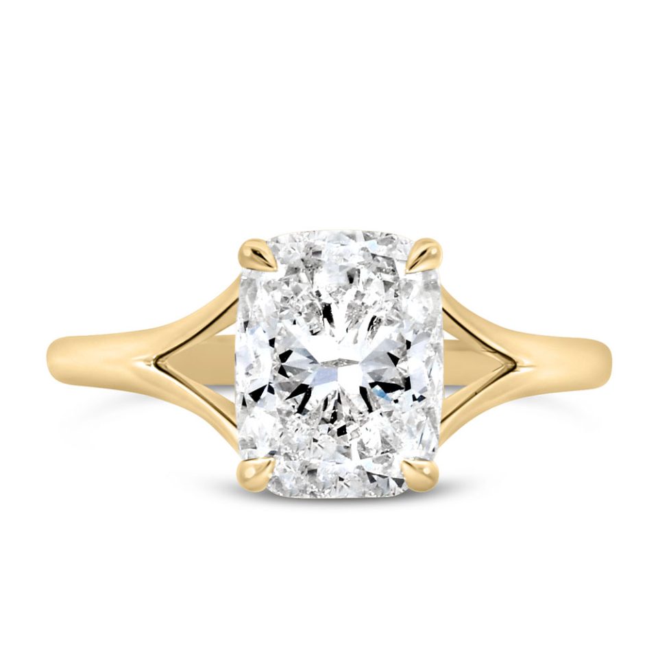 Elongated Cushion Cut Engagement Ring with 2.50 Carat TW Lab Created Diamond in 14kt Yellow Gold