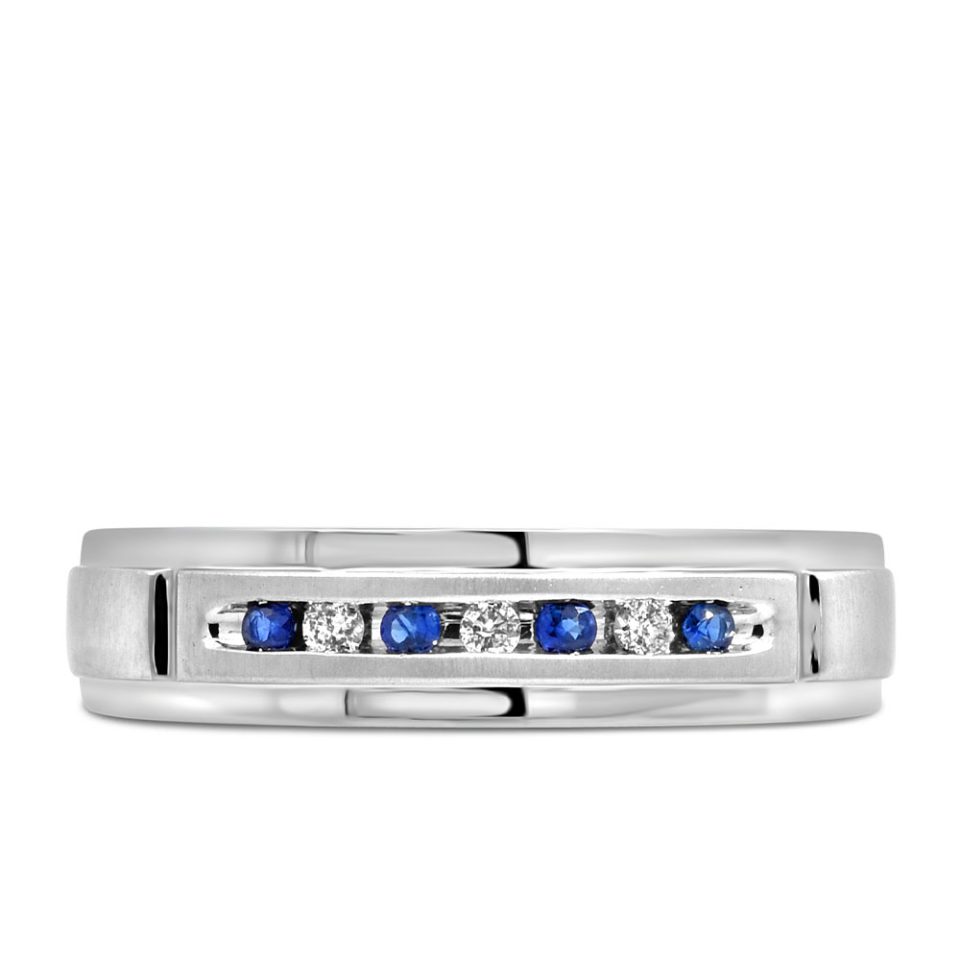 Men's Ring with Blue Sapphire and .14 Carat TW of Diamonds in 10kt White Gold